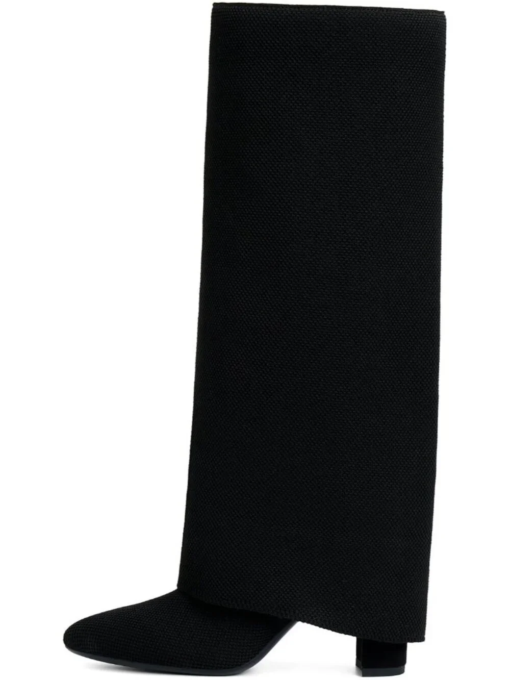 Women Black Fabric Pointed Toe Chunky Heel Faux Leather Over The Knee High Boots